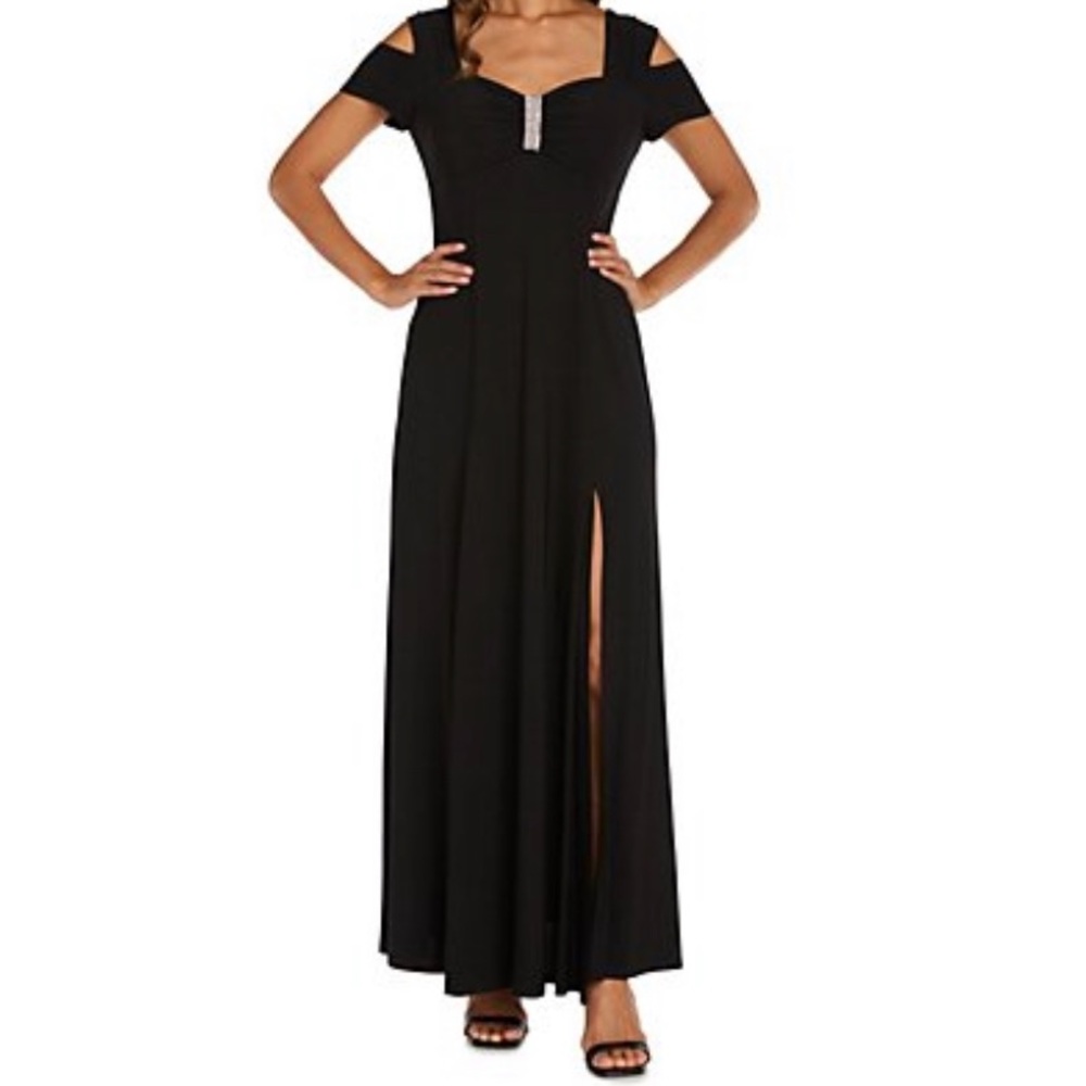 R&M Richards Evening Gown With Thigh Slit and Diamante Detail